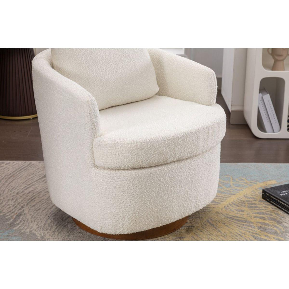 Boucle Fabric Swivel Accent Chair With Soild Wood Round Brown Base Leg,Ivory