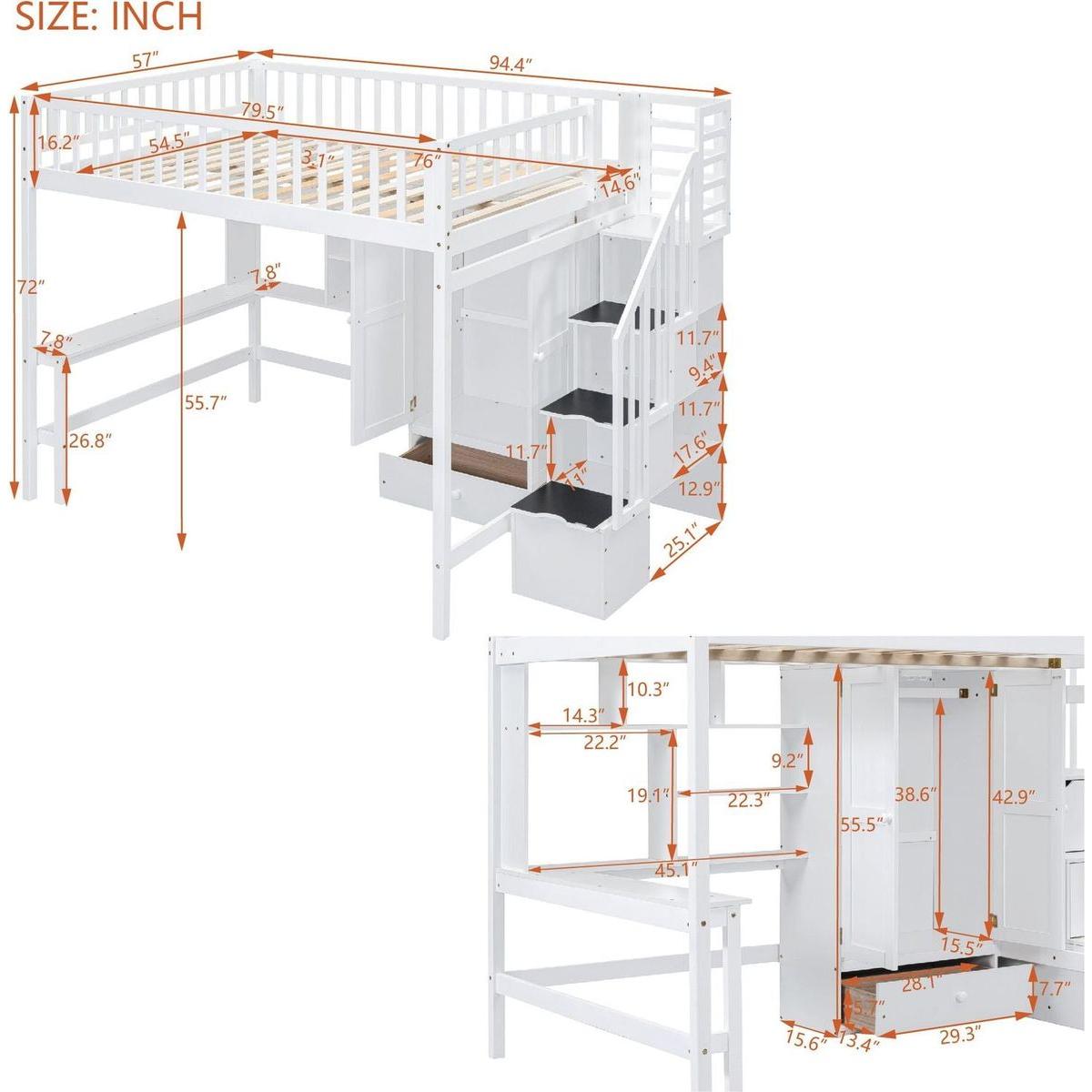 Full size Loft Bed with Bookshelf,Drawers,Desk,and Wardrobe-White