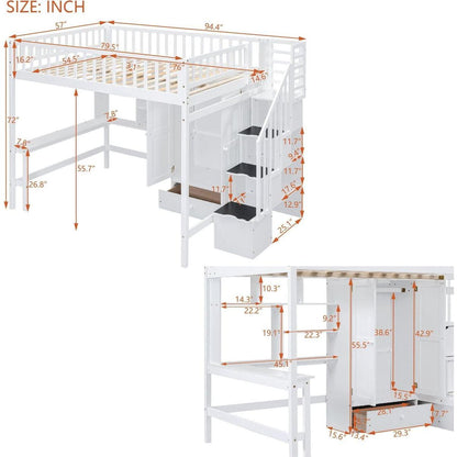 Full size Loft Bed with Bookshelf,Drawers,Desk,and Wardrobe-White
