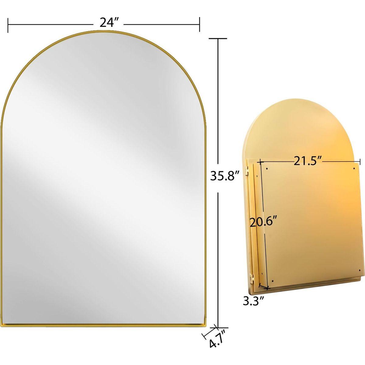 24x36 Inch Arched Recessed Medicine Cabinet, Metal Framed Bathroom Wall Cabinet with Mirror and Adjustable Shelves, Wall Mirror with Storage for Bathroom, Matte Gold