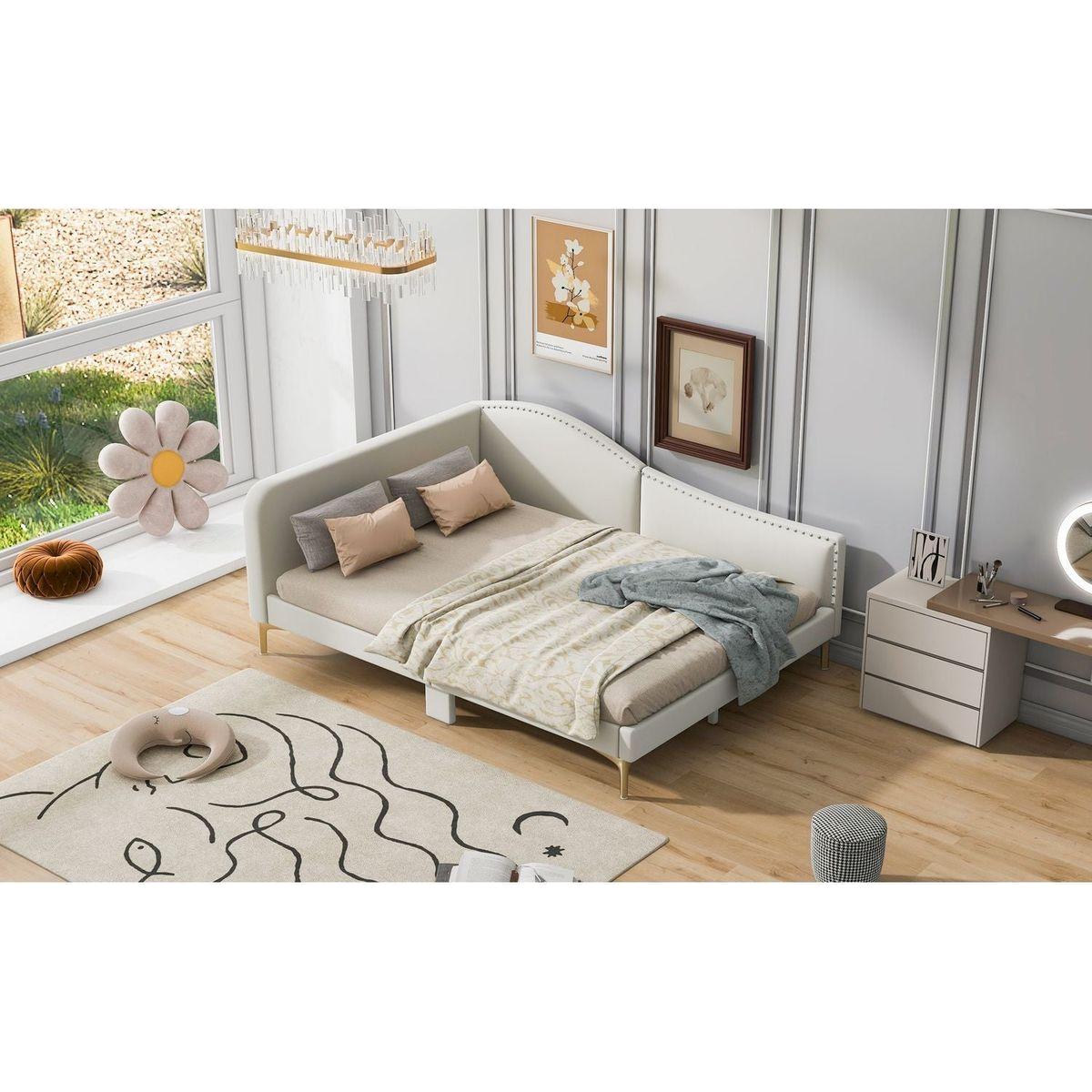 Full Size Upholstered Daybed with Headboard and Armrest, Support Legs, Beige