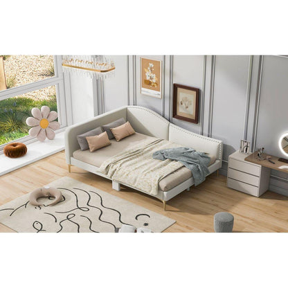 Full Size Upholstered Daybed with Headboard and Armrest, Support Legs, Beige