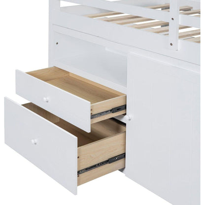Twin Size Loft Bed with 4 Drawers, Underneath Cabinet and Shelves, White