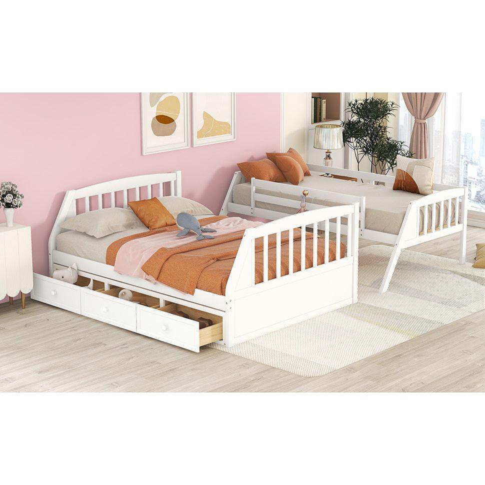 Twin-Over-Full Bunk Bed with Drawers氓Ladder and Storage Staircase, White