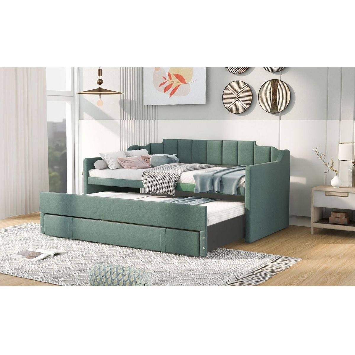 Twin Size Upholstered Daybed with Trundle and Three Drawers,Green