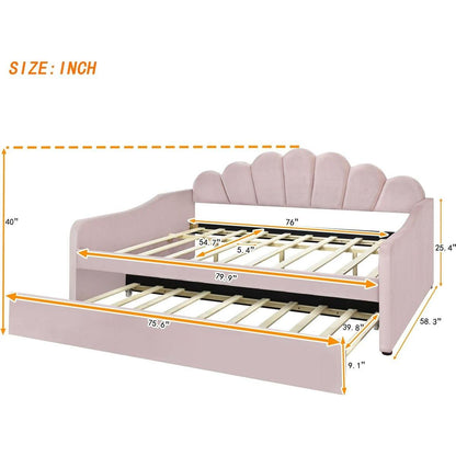 Full Size Upholstery Daybed Frame with Shall Shaped Backrest and Trundle,Pink
