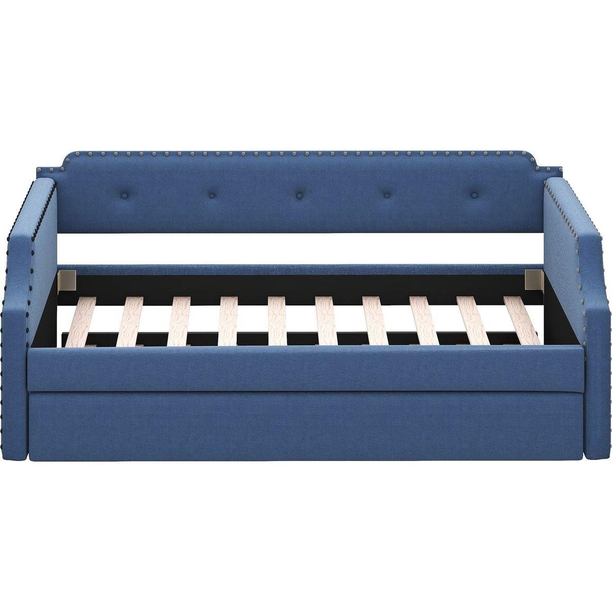 Upholstered Daybed with Trundle, Wood Slat Support,Upholstered Frame Sofa Bed, Twin,Blue