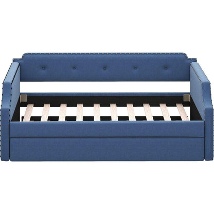 Upholstered Daybed with Trundle, Wood Slat Support,Upholstered Frame Sofa Bed, Twin,Blue