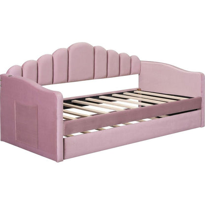 Twin size Upholstered Daybed with Trundle, Velvet Sofabed with USB Charging Ports,No Box-spring Needed,Pink