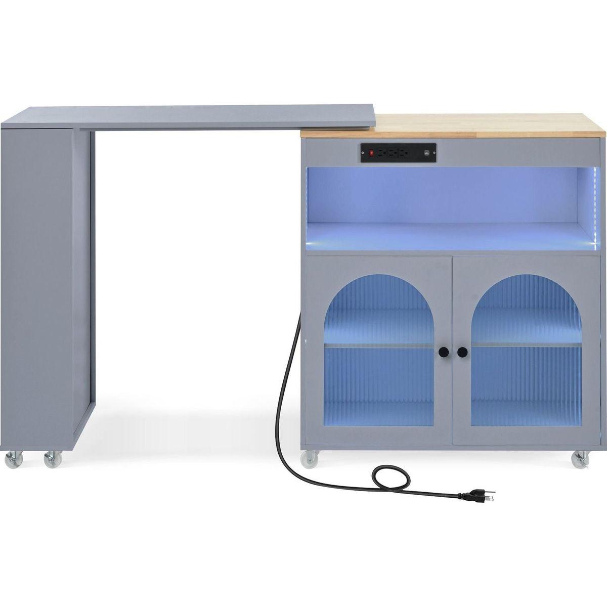 Rolling Kitchen Island With Movable Extended Table, Kitchen Cabinet on Wheels with Power Outlets and 2 Fluted Glass Doors, Kitchen Island with a Storage Compartment and Side 3 Open Shelves, Grey