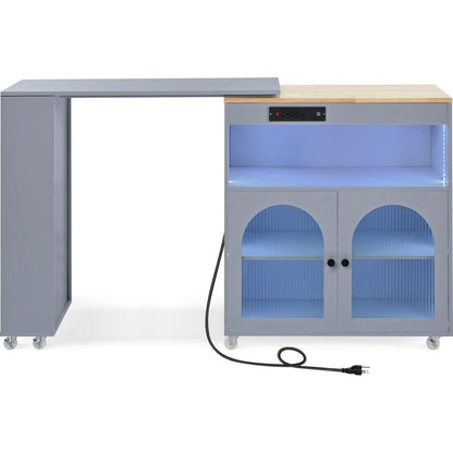 Rolling Kitchen Island With Movable Extended Table, Kitchen Cabinet on Wheels with Power Outlets and 2 Fluted Glass Doors, Kitchen Island with a Storage Compartment and Side 3 Open Shelves, Grey