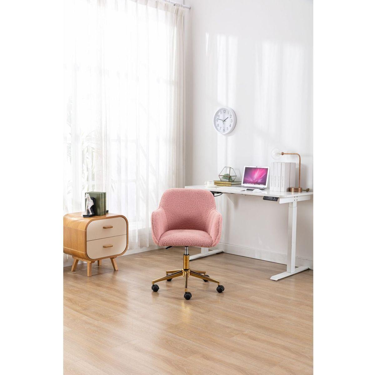 Modern Teddy Fabric Material Adjustable Height 360 Revolving Home Office Chair With Gold Metal Legs And Universal Wheel For Indoor,Pink