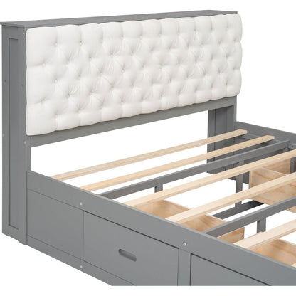Wood Queen Size Platform Bed with Storage Headboard, shoe rack and 4 drawers,Gray