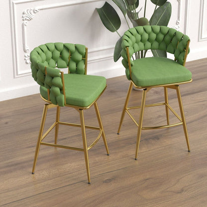 Bar Chair Linen Woven Bar Stool Set of 4,Golden legs Barstools No Adjustable Kitchen Island Chairs,360 Swivel Bar Stools Upholstered Bar Chair Counter Stool Arm Chairs with Back Footrest, (Green)