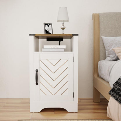 Farmhouse Nightstand Side Table, Wooden Rustic End Table, Tall Bedside Table with Electrical Outlets Charging Station - White & Oak