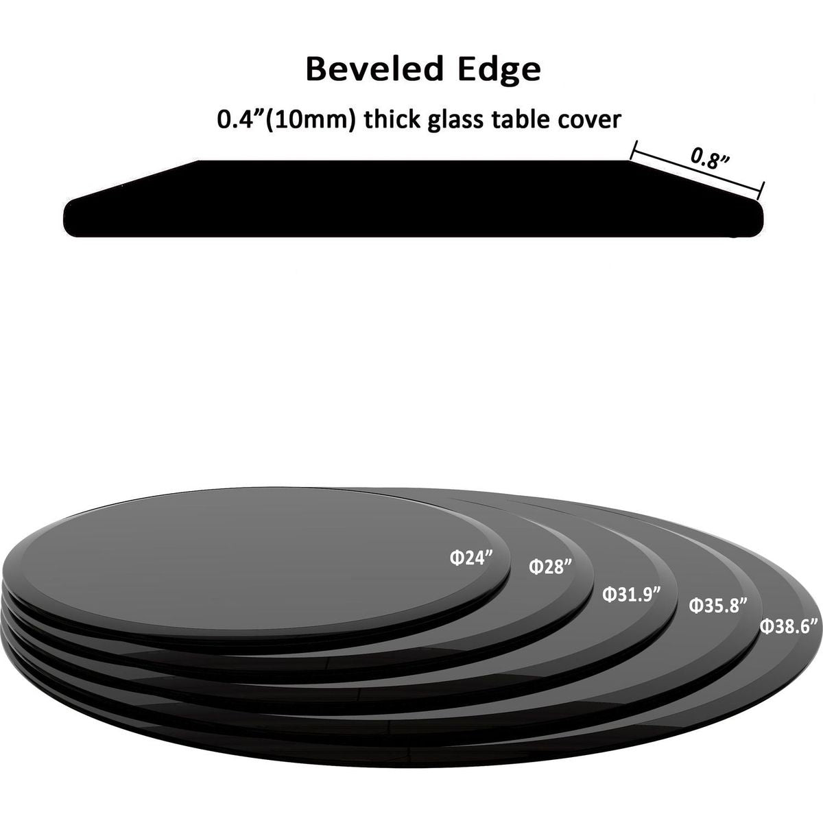 28" Inch Round Tempered Glass Table Top Black Glass 2/5 Inch Thick Beveled Polished Edge
