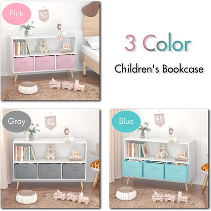 Kids bookcase with Collapsible Fabric Drawers, Children's Book Display, Toy Storage Cabinet Organizer, White/Blue