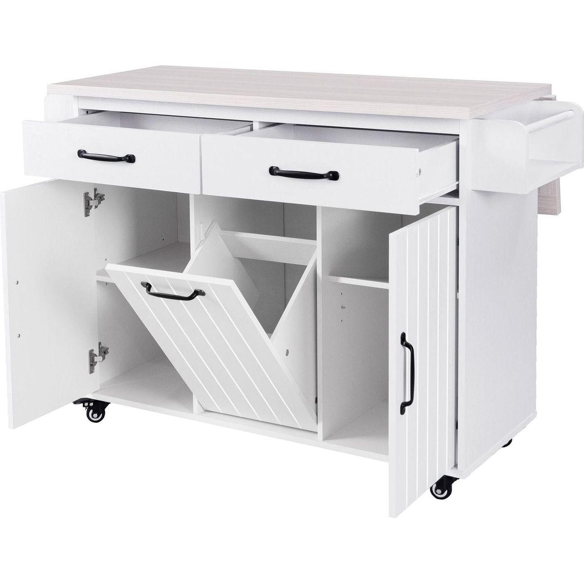 Kitchen Island with Trash Can Storage Cabinet, Kitchen Cart with Drop Leaf, Spice Rack, Towel Rack and Drawer, Rolling Kitchen Island on Wheels with Adjustable Shelf, White