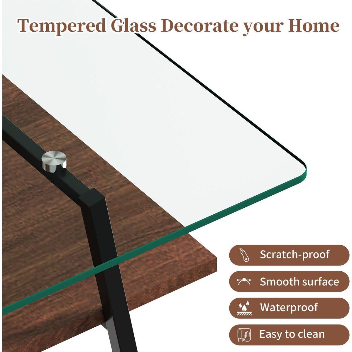 Rectangle Coffee Table, Tempered Glass Tabletop with Black Metal Legs, Modern Table for Living Room, Transparent Glass
