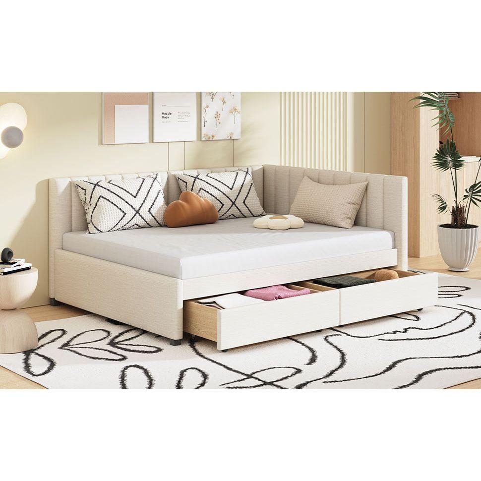 Full Size Upholstered Daybed with 2 Storage Drawers Sofa Bed Frame No Box Spring Needed, Linen Fabric (Beige)