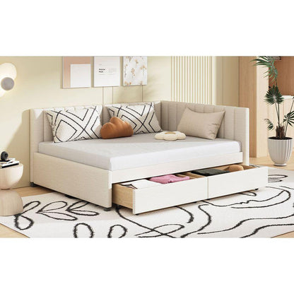 Full Size Upholstered Daybed with 2 Storage Drawers Sofa Bed Frame No Box Spring Needed, Linen Fabric (Beige)