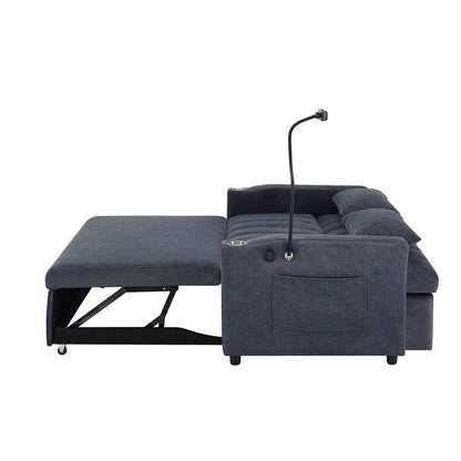 55.9" Convertible Sofa Bed Loveseat Sofa with Three USB Ports, Two Side Pockets, Two Cup Holders and 360Swivel Phone Holder for Living Room, Blue Grey