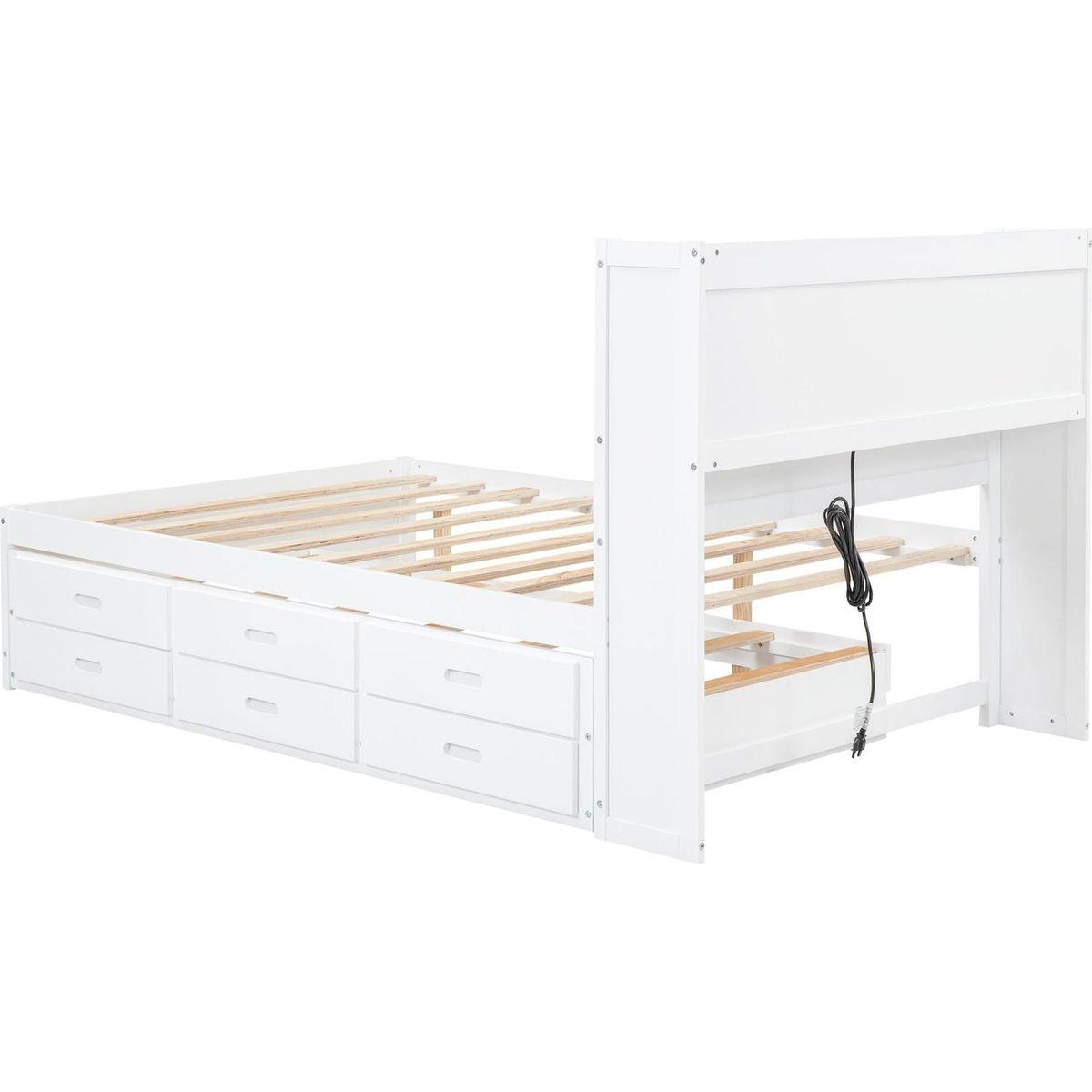 Full Size platform bed with trundle, drawers and USB plugs, White