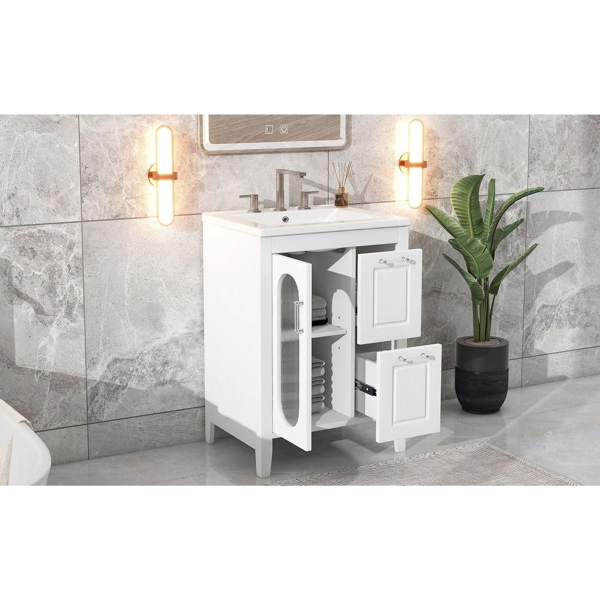 24" Bathroom Vanity with Sink, Bathroom Vanity Cabinet with Two Drawers and Door, Adjustable Shelf, Solid Wood and MDF, White