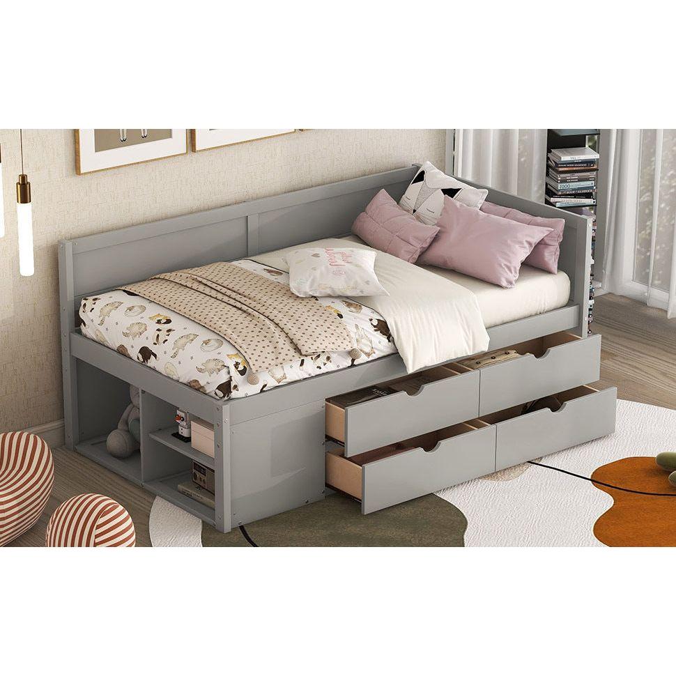 Twin Size Daybed with Drawers and Shelves, Gray