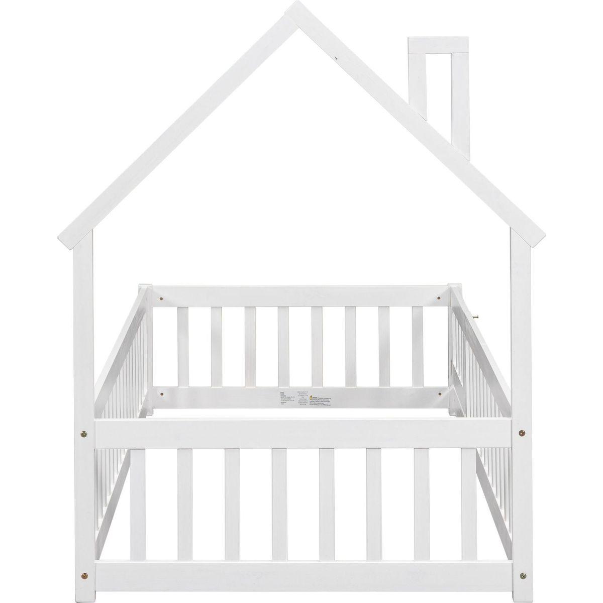 Twin House-Shaped Headboard Floor Bed with Fence,White