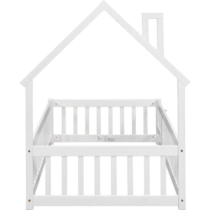 Twin House-Shaped Headboard Floor Bed with Fence,White
