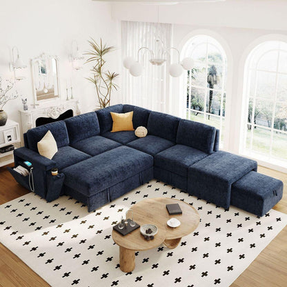 L-shaped Padded Modular Sofa with Storage Space, USB Ports, and Cup Holders on the Armrests, Suitable for Living Rooms, Offices, and Apartments.