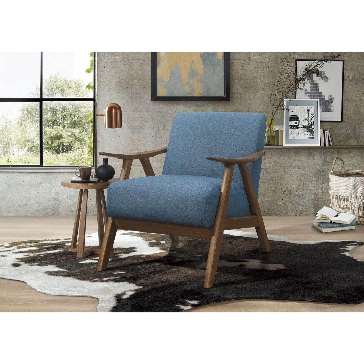 Modern Home Furniture Blue Fabric Upholstered 1pc Accent Chair Cushion Back and Seat Walnut Finish Solid Rubber Wood Furniture