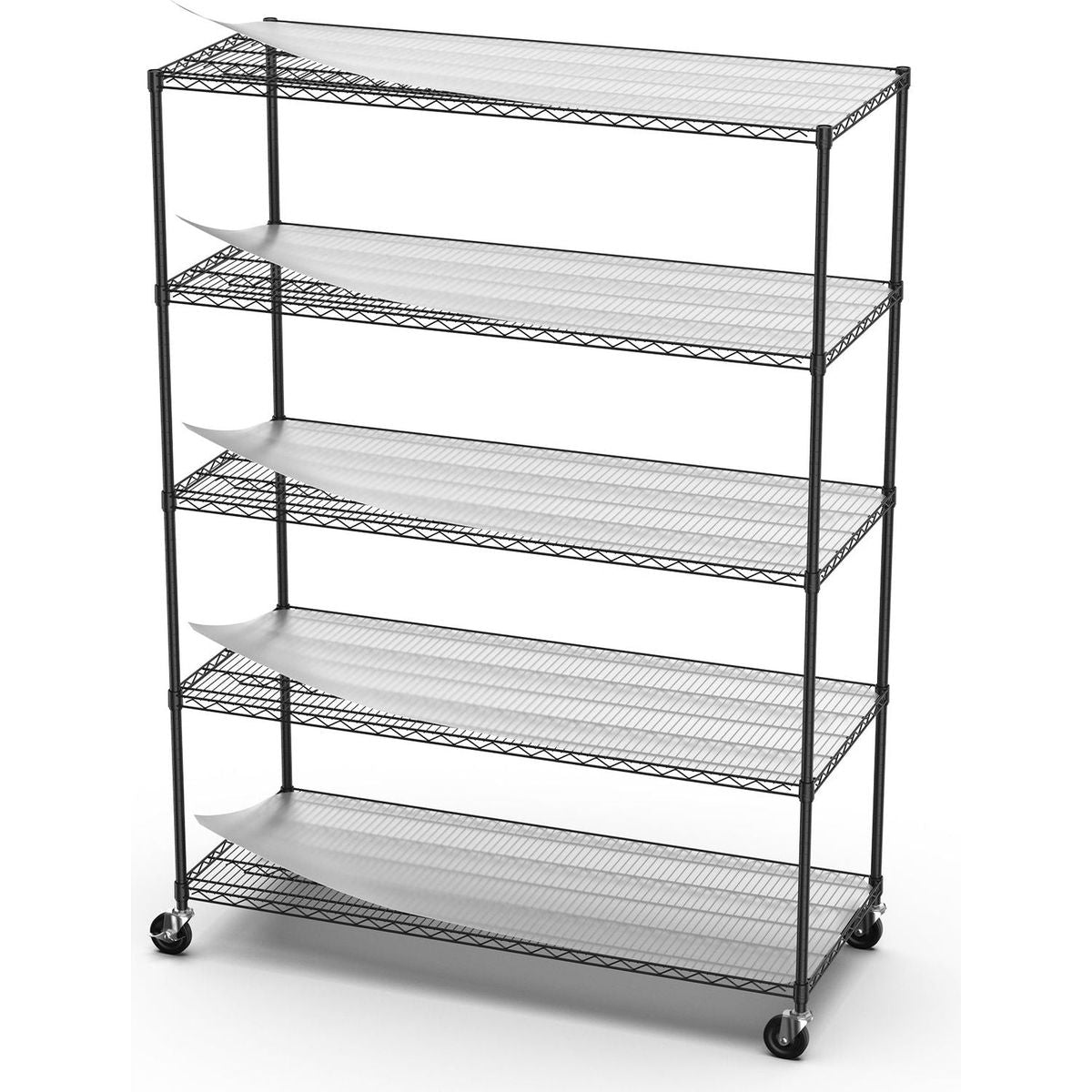 5 Tier 7500lbs Heavy Duty Adjustable Storage Rack Metal Shelf Wire Shelving Unit with Wheels & Shelf Liners - 82" H x 60" L x 24" D - Black