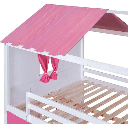 Full Size Bunk Wood House Bed with Elegant Windows, Sills and Tent, Pink+White