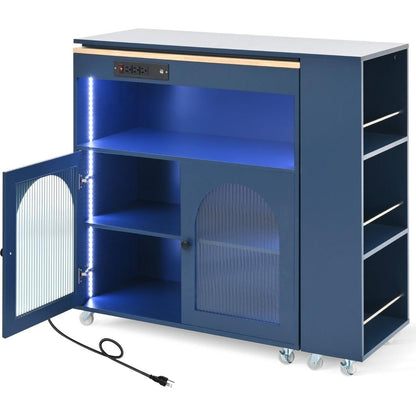 Rolling Kitchen Island With Movable Extended Table, Kitchen Cabinet on Wheels with Power Outlets and 2 Fluted Glass Doors, Kitchen Island with a Storage Compartment and Side 3 Open Shelves, Navy