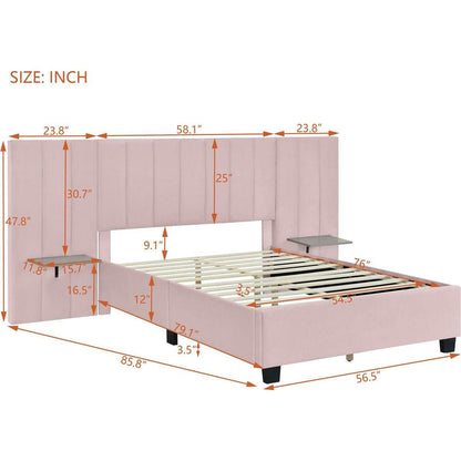 Full Size Upholstered Platform Bed with Big Headboard, Bedroom Furniture, Velvet, Pink