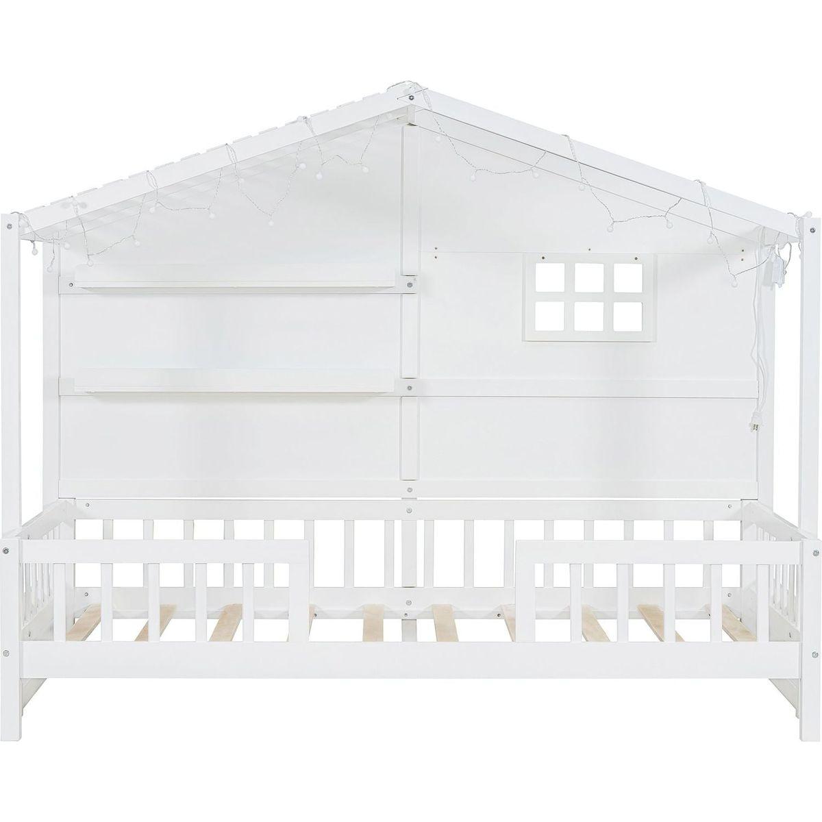 Twin Size House Bed with Shelves, House Bed with Window and Sparkling Light Strip on the Roof, White