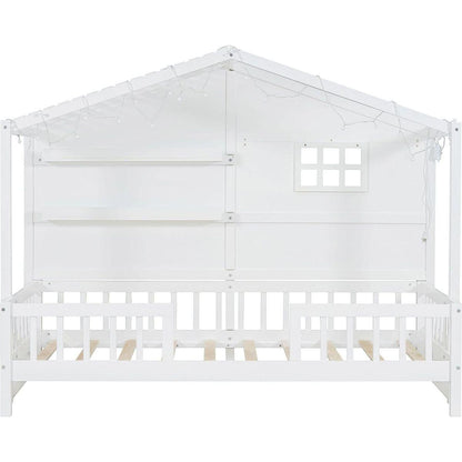 Twin Size House Bed with Shelves, House Bed with Window and Sparkling Light Strip on the Roof, White