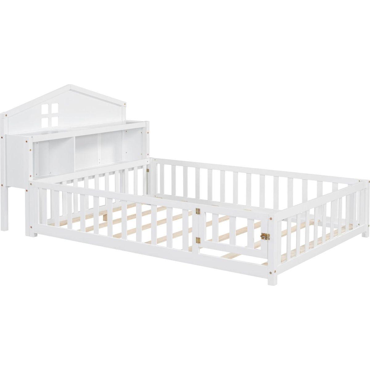 Full-size Floor Beds with Bookcases and Blackboards, Versatile Platform Beds with Guard rails, Solid Wood Floor Beds with Storage Headboards, Floor Beds for Kids and Teens White