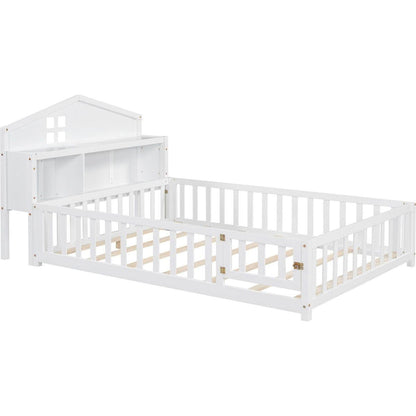 Full-size Floor Beds with Bookcases and Blackboards, Versatile Platform Beds with Guard rails, Solid Wood Floor Beds with Storage Headboards, Floor Beds for Kids and Teens White