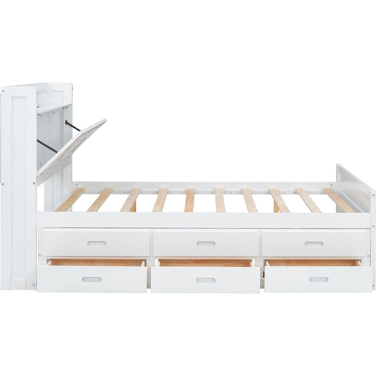 Full Size Wooden Bed with Storage Headboard with Outlets, Extendable Bed with Twin Size Trundle with Three Storage Drawers,White
