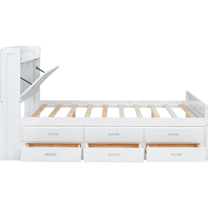 Full Size Wooden Bed with Storage Headboard with Outlets, Extendable Bed with Twin Size Trundle with Three Storage Drawers,White