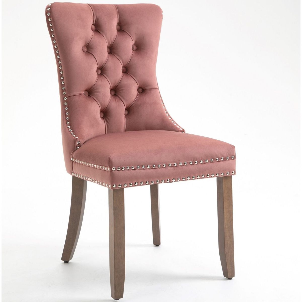 Upholstered Button Tufted Back Pink Velvet Dining Chair with Nailhead Trim and Solid Wood Legs 2 Sets