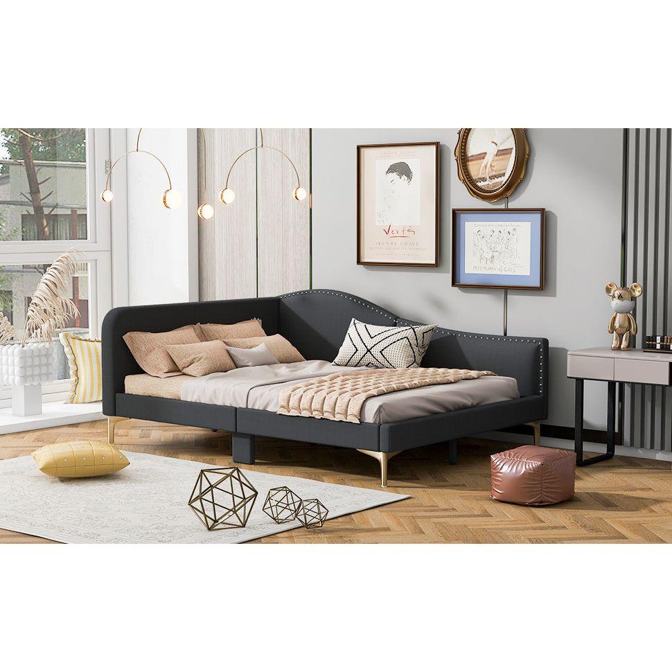 Full Size Upholstered Daybed with Headboard and Armrest, Support Legs, Grey