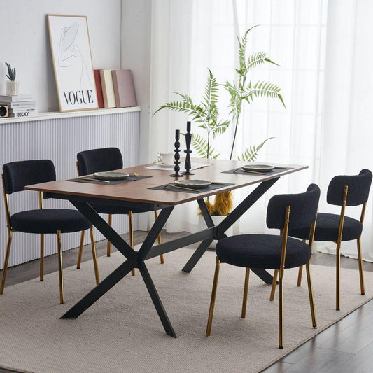 Set of 4mid-century modern dining chairs - Teddy fabric upholstery - Curved back - Metal frame - Black Elegant and comfortable kitchen chairs