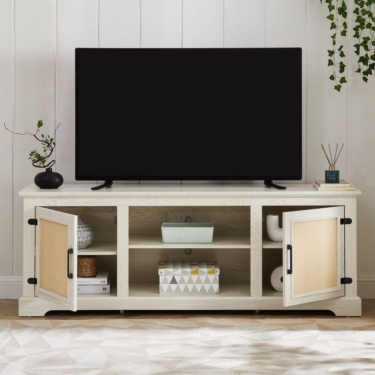 Farmhouse Rattan TV Stand Console Table for TVs up to 70 Inches, TV Console Table with 2 Storage Shelves, 2 Natural Rattan Door Cabinets,65"Wx15.55"Dx23.86"H, White