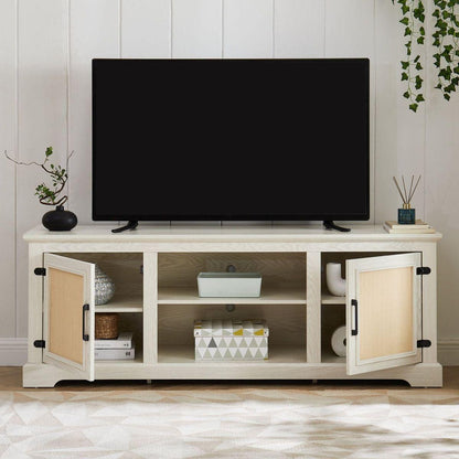 Farmhouse Rattan TV Stand Console Table for TVs up to 70 Inches, TV Console Table with 2 Storage Shelves, 2 Natural Rattan Door Cabinets,65"Wx15.55"Dx23.86"H, White