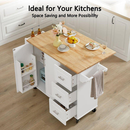 Kitchen Island with Drop Leaf Countertop, Rolling Kitchen Island Cart, Barn Door Kitchen Island Table with Storage Cabinet and Tower Rack, Island Table On Wheels for Kitchen, White