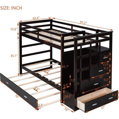 Twin Over Twin Bunk Bed with Trundle and Staircase,Espresso